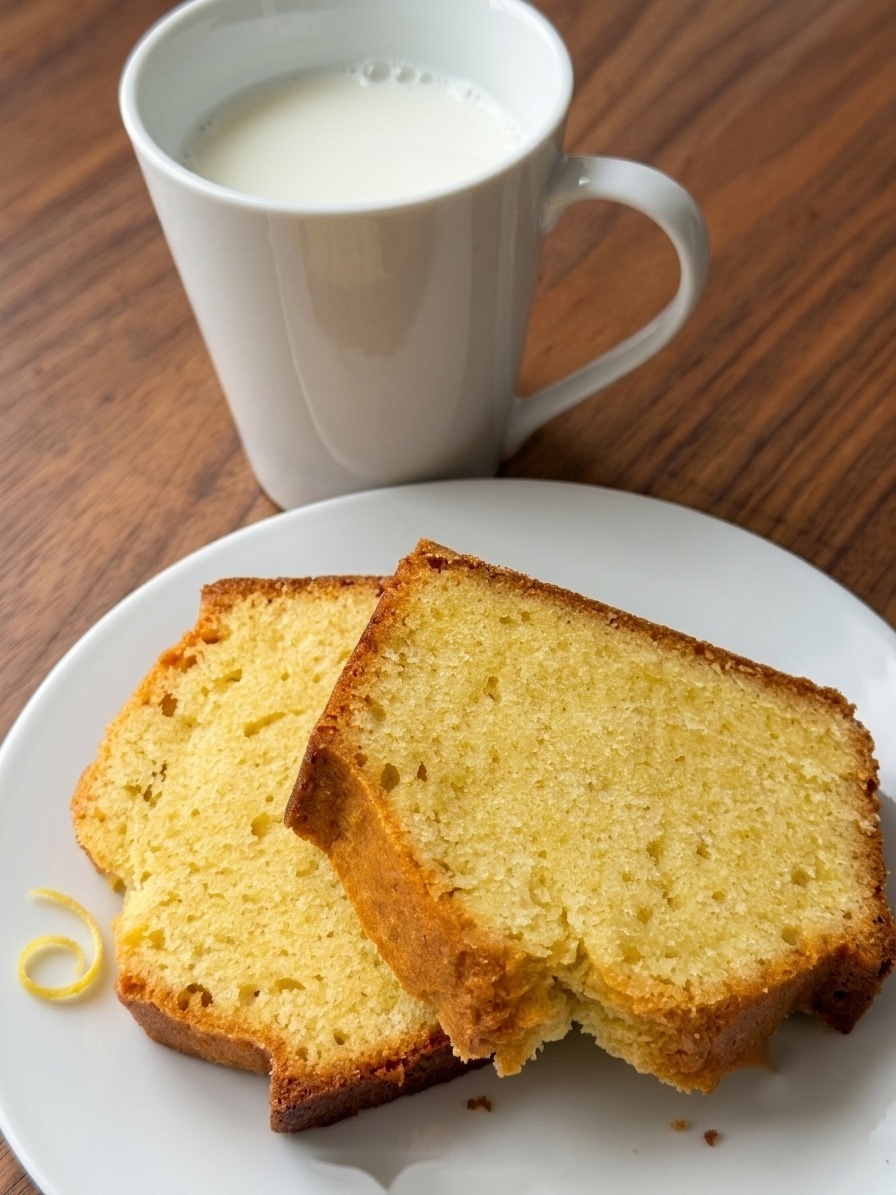 Sliced quatre-quarts on a plate, served with a mug of milk