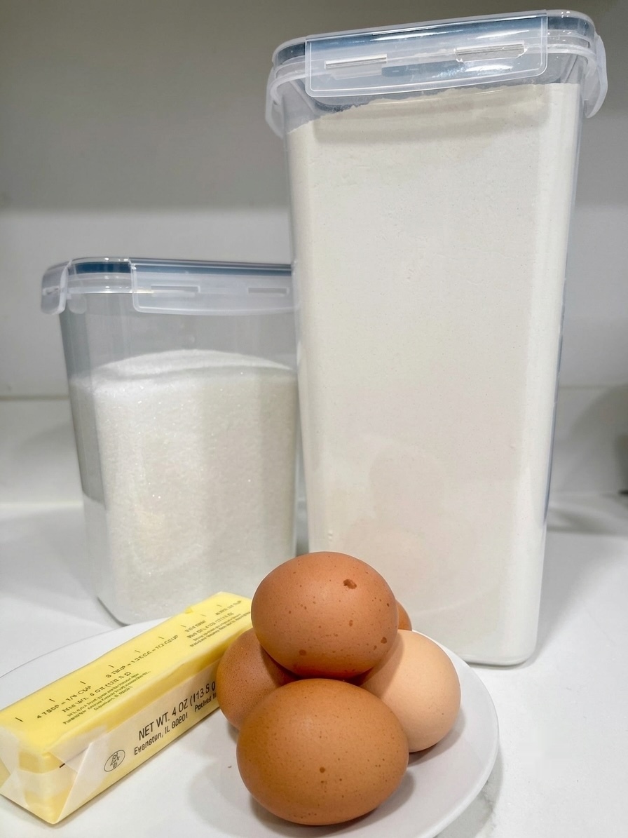 Sugar, flour, butter, and organic eggs on a plate